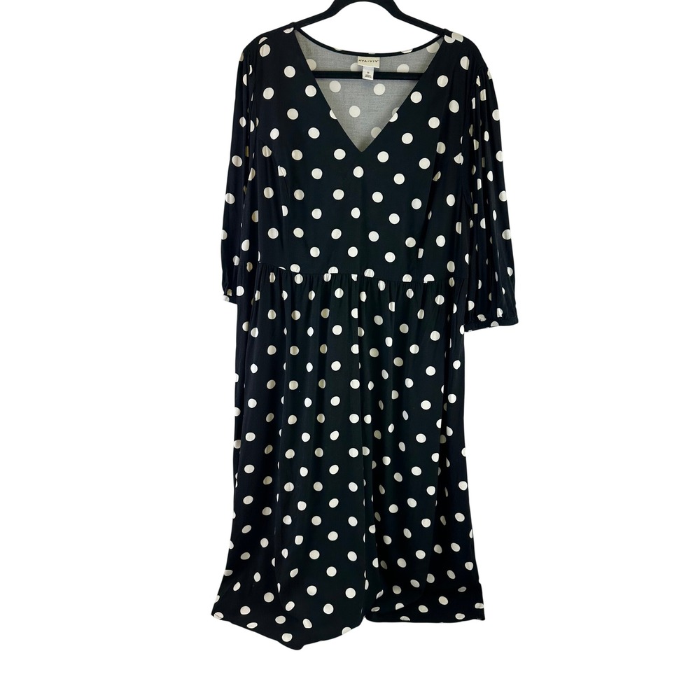 Ava & Viv Midi Dress Black Polka Dot V-Neck Pockets Retro Rayon Womens Plus 1X